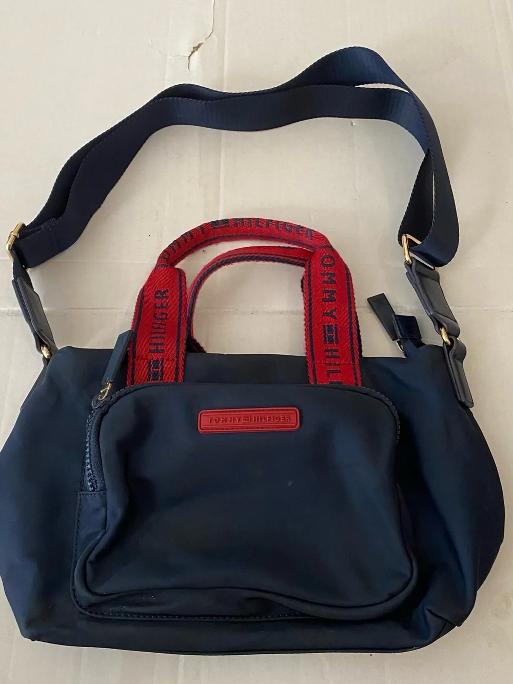 Tommy Hilfiger Navy and Red Logo Strap Messenger Bag